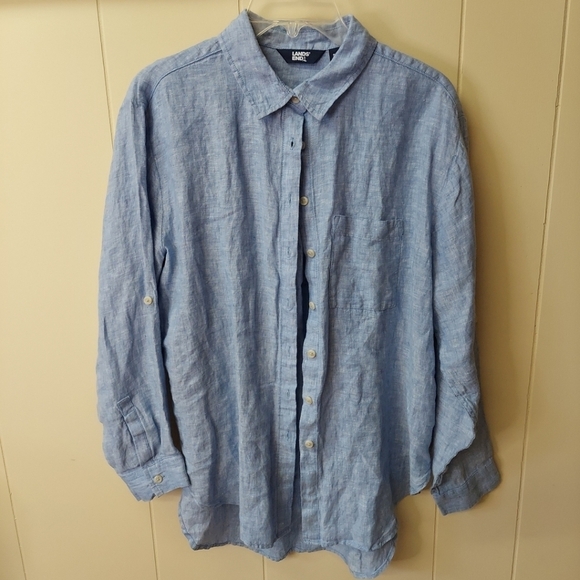 Lands' End Tops - Lands' End Button Up Shirt Women's Small Long Sleeve Blue 100% Linen Button Up